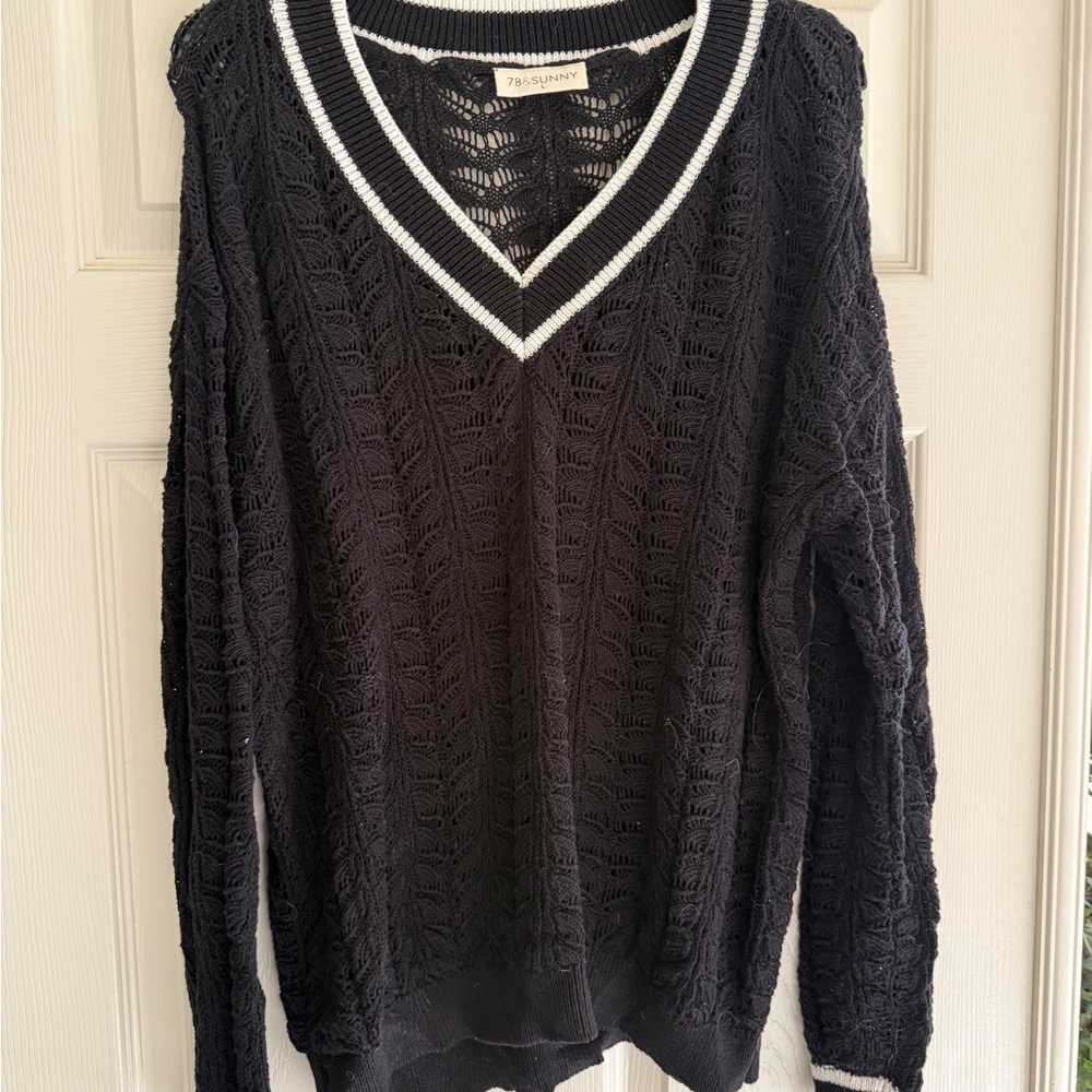 Trussardi Black V-Neck Sweater with White Trim